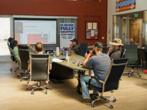 Students watch a presentation in a classroom at Oregon UAS Acelerator